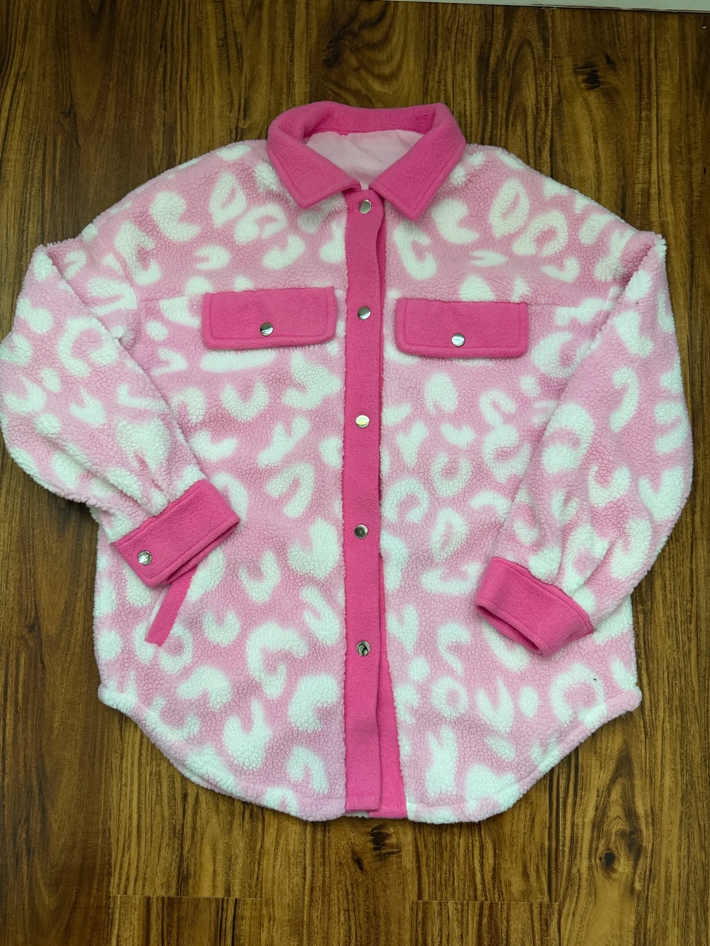 Pink & White Leopard Sherpa Snap-Front Jacket